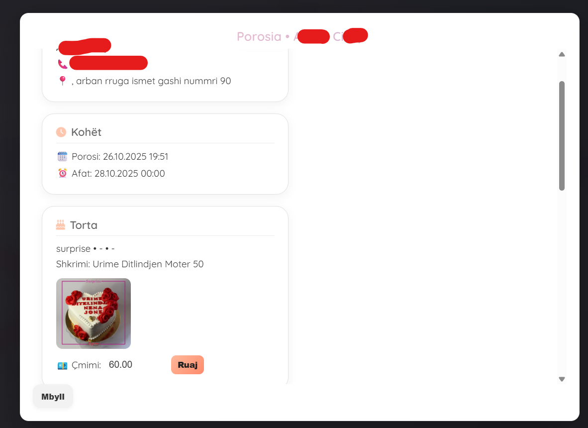 Të dhënat e porosisë